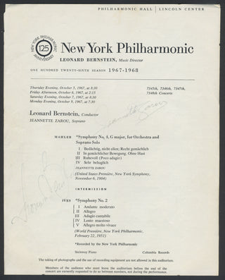 Bernstein, Leonard. (1918–1990) & Zarou, Jeannette. (b. 1942) Signed Program Page