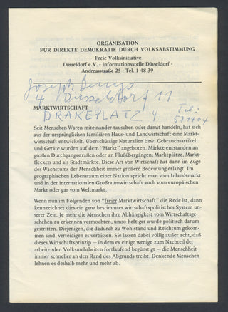 Beuys, Joseph. (1921–1986) "Man! Rise up and take your autonomy" - SIGNED "Organisation für Direkte Demokratie" PAMPHLET