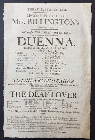 Billington, Elizabeth. (1765–1818) [Linley, Thomas. (1733–1795)] The Duenna - Original 1802 Playbill