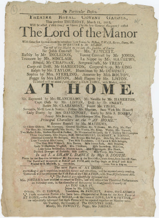 [Covent Garden] [Bishop, Henry Rowley. (1787–1856)]  [Haydn, Joseph. (1732–1809)] "'The Lord of the Manor' with some few Alteration to introduce New Songs by Bishop" - Original 1813 Broadside