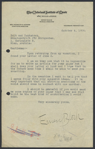 Bloch, Ernest. (1880-1959) Typed Letter Signed to "Pult und Taktstock" Magazine