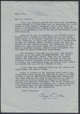 Bolton, Guy. (1884–1979) [Wodehouse, P. G. (1881–1975)] [Kern, Jerome. (1885–1945)] Typed Letter Signed about "Leave it to Jane"