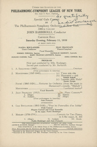 Boulanger, Nadia. (1887–1979) Signed Performance Program