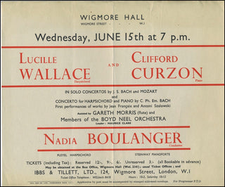 Boulanger, Nadia. (1887-1979) Wigmore Hall Concert Handbill