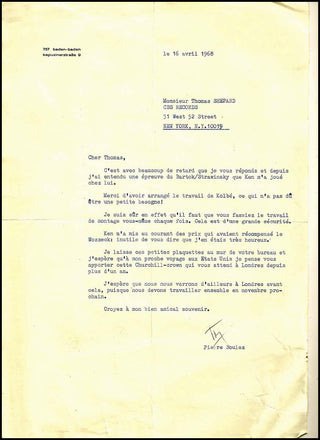 Boulez, Pierre. (1925–2016) Signed Letter to his record producer