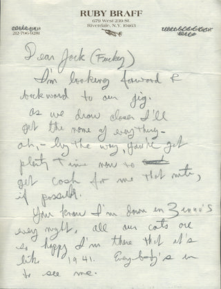 Braff, Ruby. (1927–2003) Autograph Letter to Jack Bradley