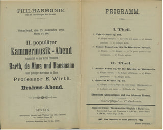 [Brahms, Johannes. (1833–1897)] All-Brahms 1889 Berlin Philharmonie-Concert-Zeitung Chamber Music Program