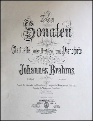 Brahms, Johannes. (1833–1897) Zwei Sonaten für Clarinette (oder Bratsche) und Pianoforte. Op. 120. Ausgabe für Clarinette und Pianoforte.