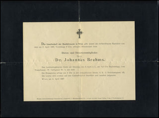 Brahms, Johannes. (1833–1897) A printed document issued by Die Gesellschaft der Musikfreunde in Wien announcing the death of Johannes Brahms on April 3, 1897.