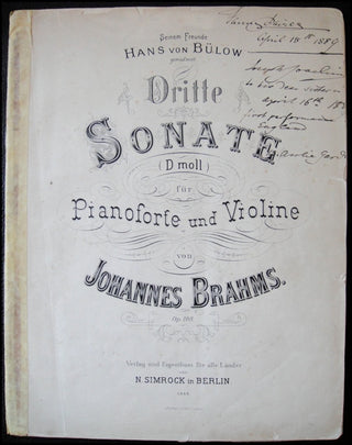 [Brahms, Johannes. (1833–1897)] Joachim, Joseph. (1831–1907); Davies, Fanny. (1861–1934) Dritte Sonate (D moll) fur Pianoforte und Violine. Opus 108.  Inscribed by Joachim and Fanny Davies at First English Performance