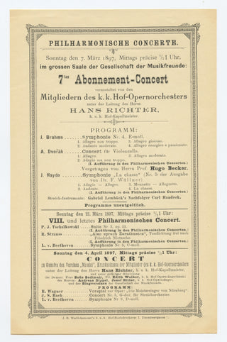 [Brahms, Johannes. (1833–1897)] [Dvorák, Antonín Leopold . (1841 - 1904)] [Becker, Hugo. (1863–1941)] 1897 Concert Program from the Last Concert Brahms Attended