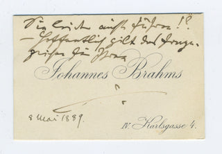 Brahms, Johannes. (1833–1897) Printed Visiting Card with Autograph Note