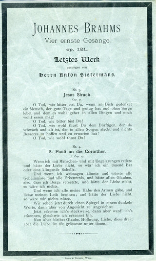 Brahms, Johannes. (1833–1897) Brahms' Death Announcement, a Ticket to his Funeral and Original Program from a Concert in his Memory