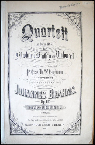 Brahms, Johannes. (1833–1897) Quartett (in B dur, No. 3) für 2 Violinen, Bratsche und Violoncell... Op. 67.