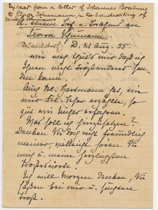 [Brahms, Johannes. (1833–1897) & Schumann, Clara. (1819-1896)] Letter Excerpt from Brahms to Clara, in the hand of Schumann's daughter Marie