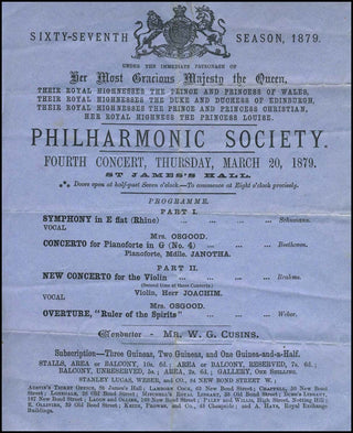 [Brahms, Johannes. (1833–1897)] [Joachim, Joseph. (1831–1907)] [Janotha, Natalia. (1856–1932)] 1879 Program from performance of "New Concerto" by Brahms