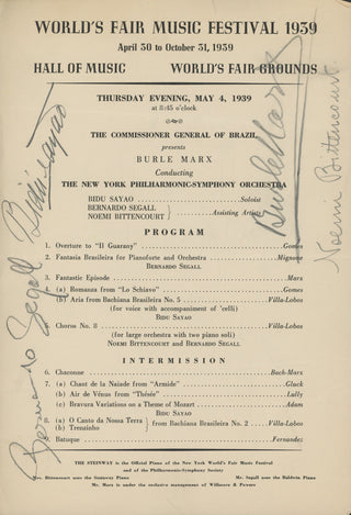 [Brazilian Music] Burle–Marx, Walter. (1902–1990) & Sayão, Bidu. (1902–1999) & Segall, Bernardo. (1911–1993) & Bittencourt, Noemi. "Presented by the Commissioner General of Brazil" - Signed 1939 New York World's Fair Program