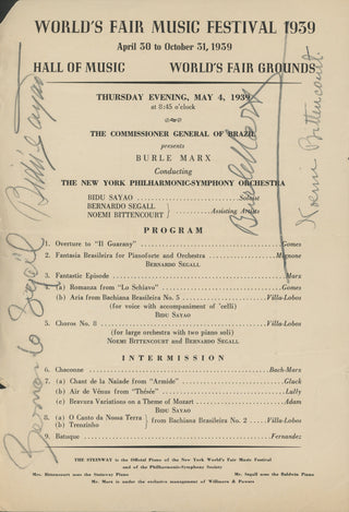 [Brazilian Music] Burle–Marx, Walter. (1902–1990) & Sayão, Bidu. (1902–1999) & Segall, Bernardo. (1911–1993) "Presented by the Commissioner General of Brazil" - Signed 1939 New York World's Fair Program