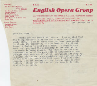 Britten, Benjamin. (1913–1976) Typed Letter Signed regarding the "Young Person's Guide"