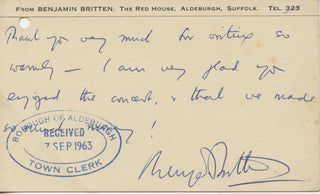 Britten, Benjamin. (1913–1976) "I'm very glad you enjoyed the concert & that we made so much money!" - Autograph Letter Signed