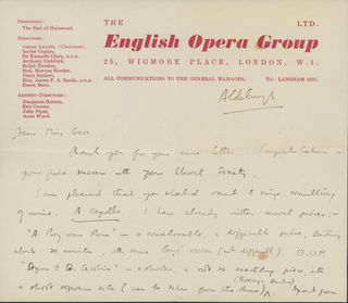 Britten, Benjamin. (1913–1976) "I am pleased that you should want to sing something of mine" - Autograph Letter Signed