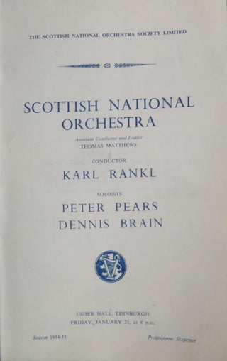 Britten, Benjamin. (1913–1976) & Pears, Peter. (1910–1986) [Brain, Dennis. (1921–1957)]  Serenade for Tenor, Horn, and Strings - SIGNED SCORE & PROGRAM