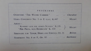 Britten, Benjamin. (1913–1976) & Pears, Peter. (1910–1986) [Brain, Dennis. (1921–1957)]  Serenade for Tenor, Horn, and Strings - SIGNED SCORE & PROGRAM