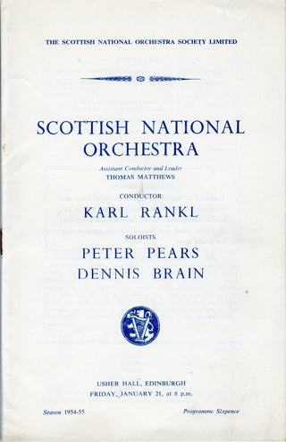 Britten, Benjamin. (1913–1976) & Pears, Peter. (1910–1986) [Brain, Dennis. (1921–1957)]  Serenade for Tenor, Horn, and Strings - SIGNED SCORE & PROGRAM