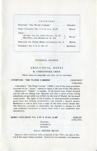 Britten, Benjamin. (1913–1976) & Pears, Peter. (1910–1986) [Brain, Dennis. (1921–1957)]  Serenade for Tenor, Horn, and Strings - SIGNED SCORE & PROGRAM