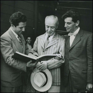 [Britten, Benjamin. (1913–1976)] Bernstein, Leonard. (1918–1990) & Koussevitzky, Serge. (1874–1951) Original Photograph before Peter Grimes U.S. Premiere