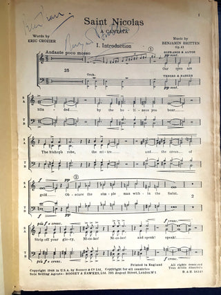 Britten, Benjamin. (1913–1976) & Pears, Peter. (1910–1986) "Saint Nicolas" - Signed Score