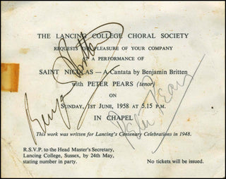 Britten, Benjamin. (1913–1976) & Pears, Peter. (1910–1986) Signed Concert Invitation