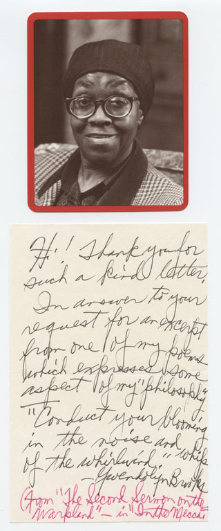 Brooks, Gwendolyn. (1917 - 2000) Autograph Letter quoting her “The Second Sermon on the Warpland”