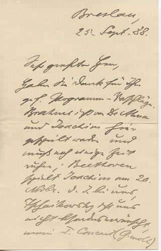 Bruch, Max. (1838-1920) [Joachim, Joseph. (1831-1907)] [Sarasate, Pablo de. (1844-1908)] Autograph Letter to Carl Halir - "My G minor Violin Concerto has been played too often"