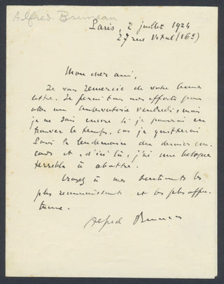 Bruneau, Alfred. (1857–1934) Autograph Letter