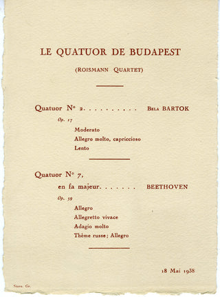 Budapest String Quartet (1917-1967) Original 1938 Concert Program