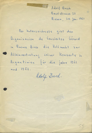 Busch, Adolf. (1891–1952) Autograph Letter about Concert Representation in Buenos Aires