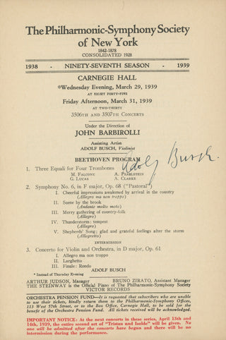 Busch, Adolf. (1891–1952) [Beethoven, Ludwig van. (1770–1827)] Signed All-Beethoven Program