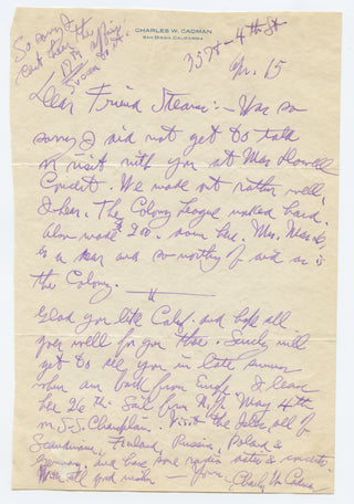 Cadman, Charles Wakefield. (1881–1946) Autograph Letter about the MacDowell Colony