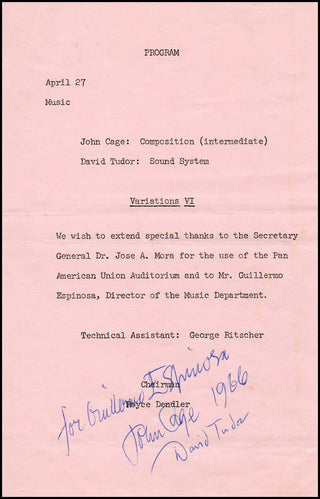 Cage, John. (1912–1992) & Tudor, David. (1926–1996) Signed Program