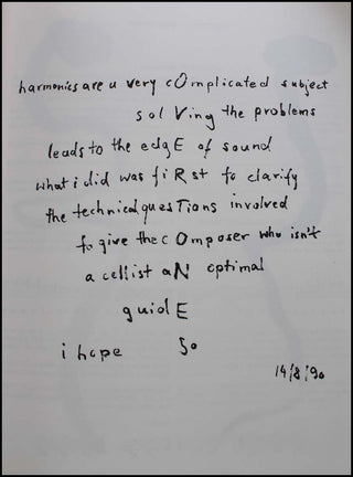 [Cage, John. (1912–1992)] Bach, Michael. (b. 1958) FINGERBOARDS & OVERTONES: Pictures, Basics and Model for a New Way of Cello Playing. Bilder Grundlagen und Entwurfe eines neuen Cellospiels.