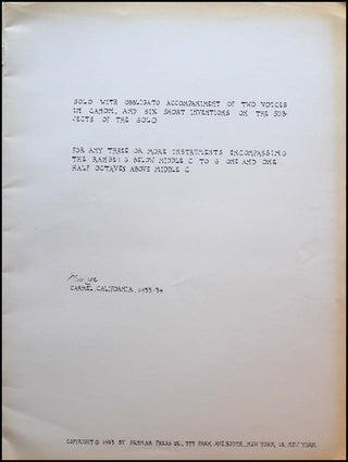 Cage, John. (1912–1992) "Solo with obbligato accompaniment of two voices in canon, and six short inventions on the subjects of the solo"  - Holograph Printed Score