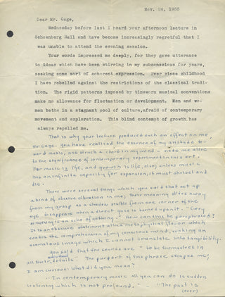 Cage, John. (1912–1992) "Life through and through, the depths and the surfaces, all is profound..." - Typed Letter Signed