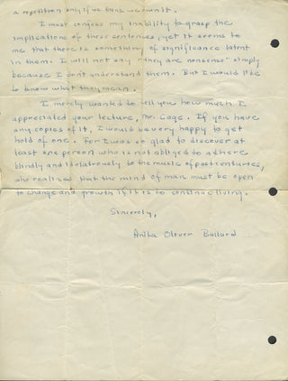 Cage, John. (1912–1992) "Life through and through, the depths and the surfaces, all is profound..." - Typed Letter Signed