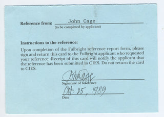 Cage, John. (1912–1992)  Signed Fulbright Reference Card for Paul Zukofsky