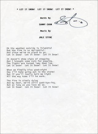 Cahn, Sammy. (1913–1993) Signed Typed Quotation, "Let It Snow, Let It Snow, Let It Snow."