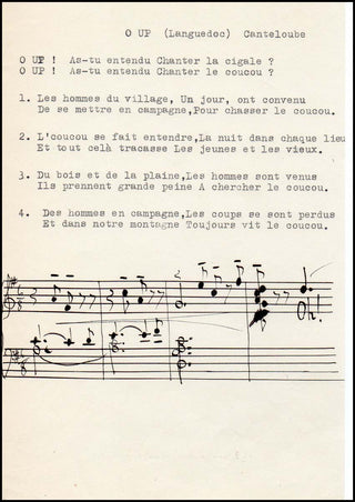 Canteloube, Josephe. (1879-1957) Autograph Musical Quotation, "O Up!" from "Chants du Languedoc."