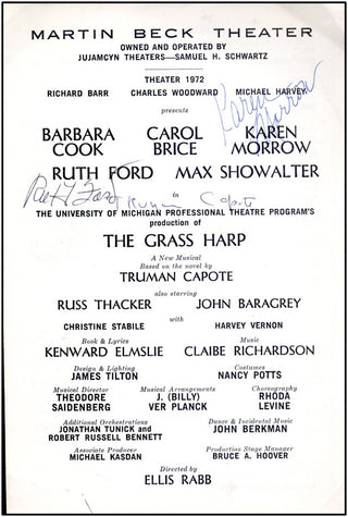 Capote, Truman. (1924-1984) [Ruth Ford, Karen Morrow] Signed 1972 Program from "The Grass Harp"