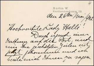 Carreno, Theresa. (1853-1917) [Neruda, Wilma. [Lady Hallé; Wilhelmine Maria Franziska Neruda] (1838 - 1911)] Autograph Letter to Lady Hallé