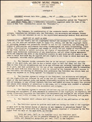 [American Avant-garde] Carter, Elliot. (1908–2012) Signed 1939 Contract for "Heart Not So Heavy as Mine."